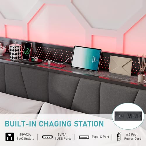 Black Linen Upholstered Full Size Lift Up Storage Bed Frame with LED Lights and Charging Station C675
