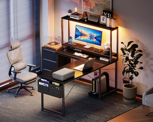 Grey Oak L Shaped Desk with LED Light & Power Outlet T8220
