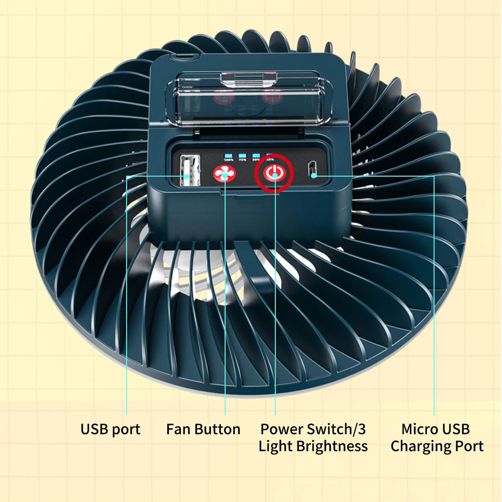 LED Hanging Fan and Portable Lamp, 2 in 1 Camping Tent Fan U137
