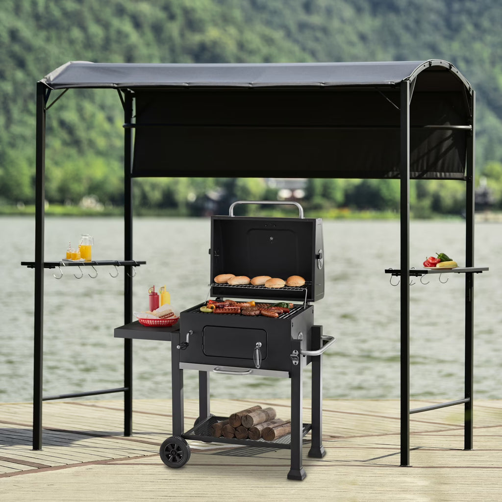7FT Grill Gazebo BBQ Canopy with Sun Shade Panel Side Awning, 2 Exterior Serving Shelves Bar Counters, 10 Hooks S93403