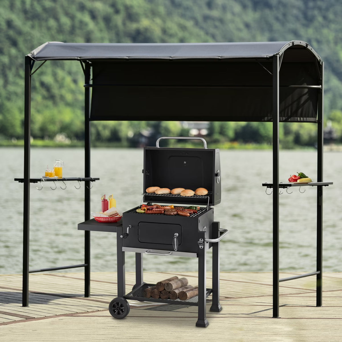 7FT Grill Gazebo BBQ Canopy with Sun Shade Panel Side Awning, 2 Exterior Serving Shelves Bar Counters, 10 Hooks S93403