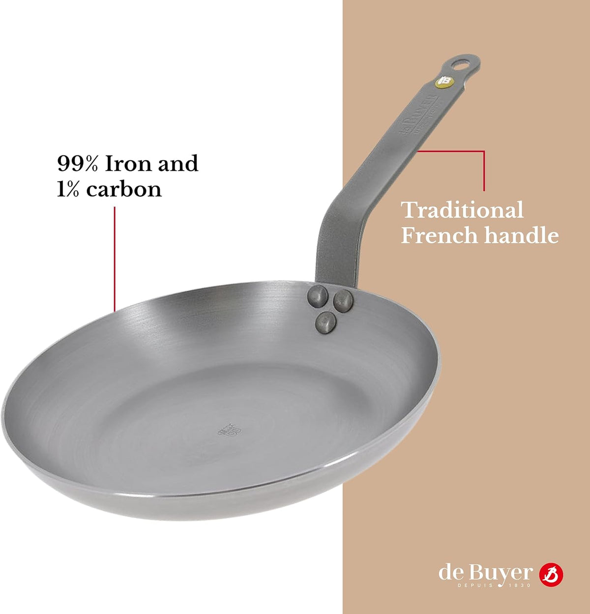 Mineral B Omelette Pan Nonstick Frying Pan Carbon and Stainless Steel Induction-ready 9.5 Z978
