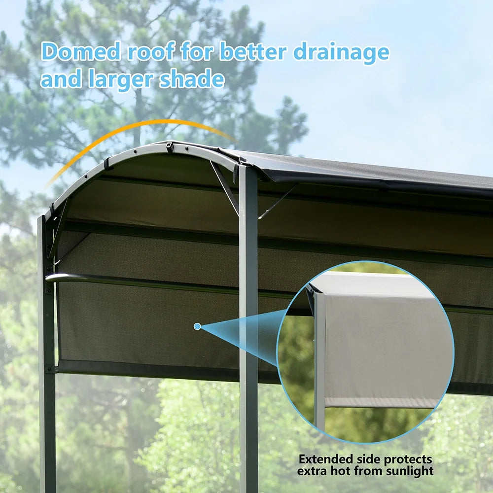 7FT Grill Gazebo BBQ Canopy with Sun Shade Panel Side Awning, 2 Exterior Serving Shelves Bar Counters, 10 Hooks S93403