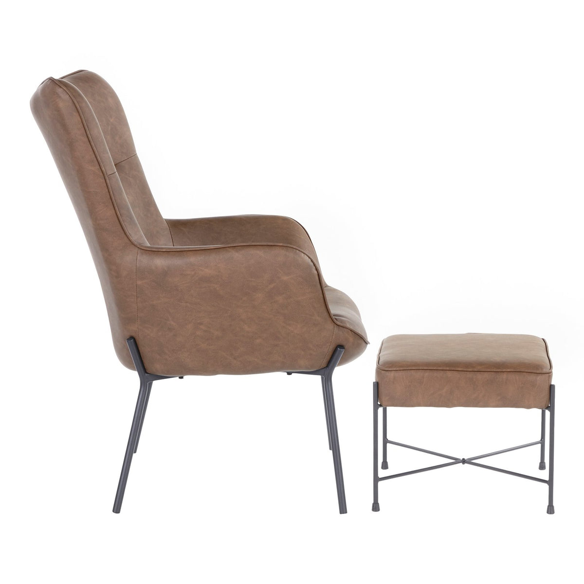 Industrial Lounge Chair and Ottoman Set in Black Metal and Espresso Faux Leather J557571