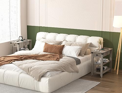Set of 2 Narrow Side Table with Charging Station and Storage Drawer Rustic Grey Y879
