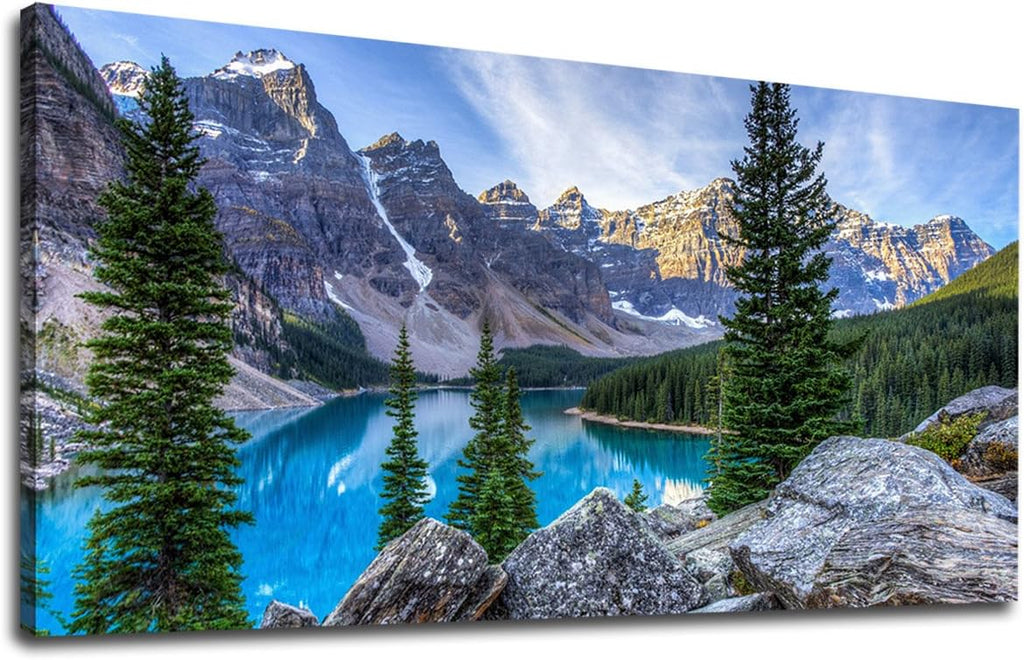 Canvas Wall Art Mountain and Lake Nature Picture Paintings - Long Canvas Artwork Moraine Lake Panoramic Contemporary Art 20 x 40 D483