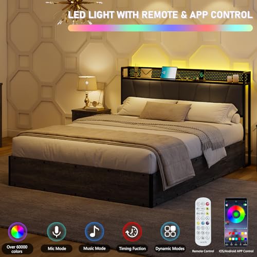 Black Linen Upholstered Full Size Lift Up Storage Bed Frame with LED Lights and Charging Station C675