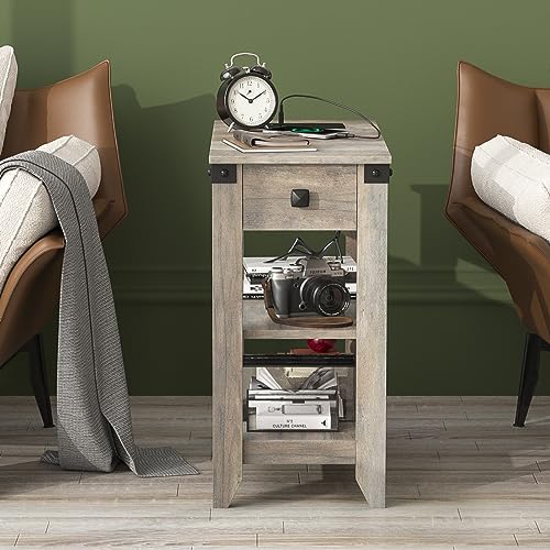 Set of 2 Narrow Side Table with Charging Station and Storage Drawer Rustic Grey Y879