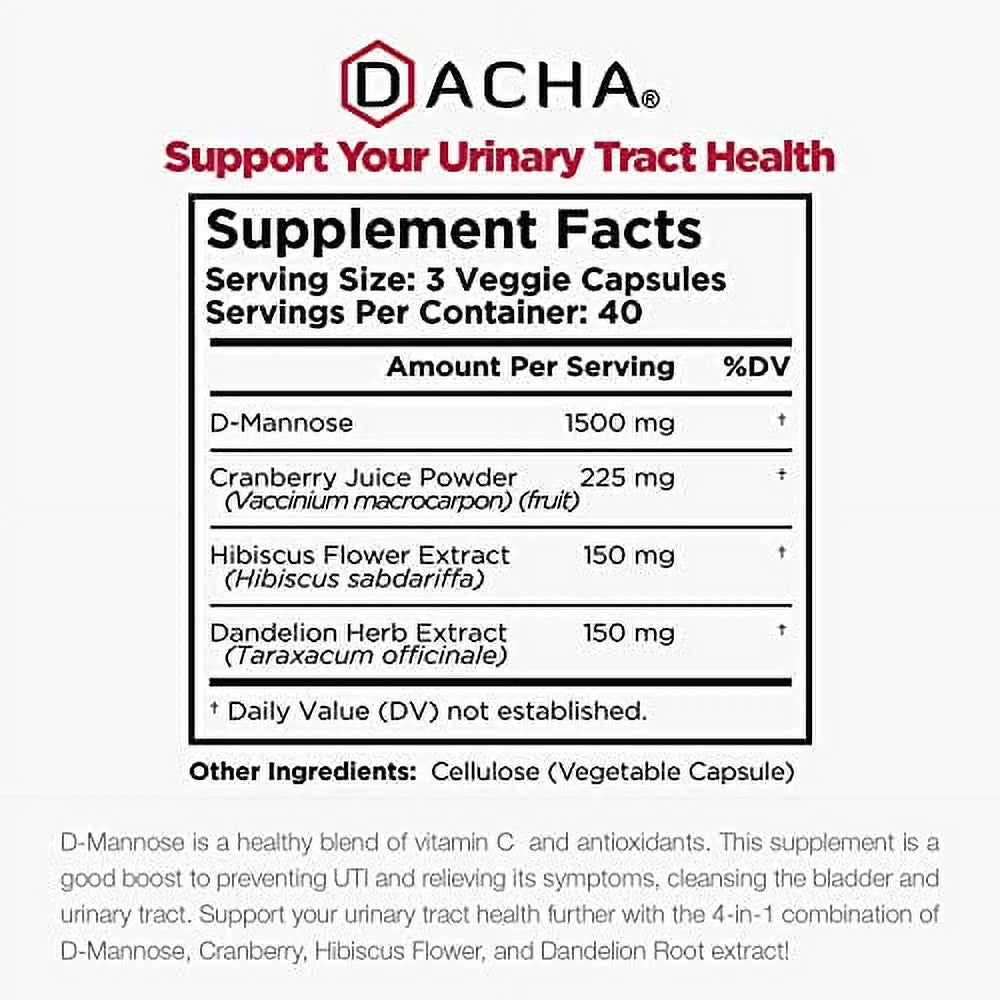 1500 mg D-Mannose Capsules with Cranberry, Dandelion, Hibiscus Flower Extract I848