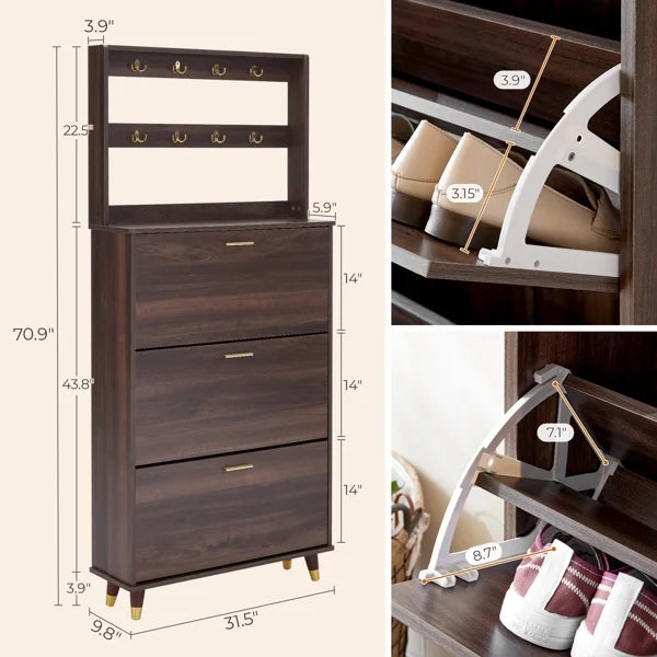 Brown Hall Tree with 12 Hooks & 3 Shoe Cabinets B6919