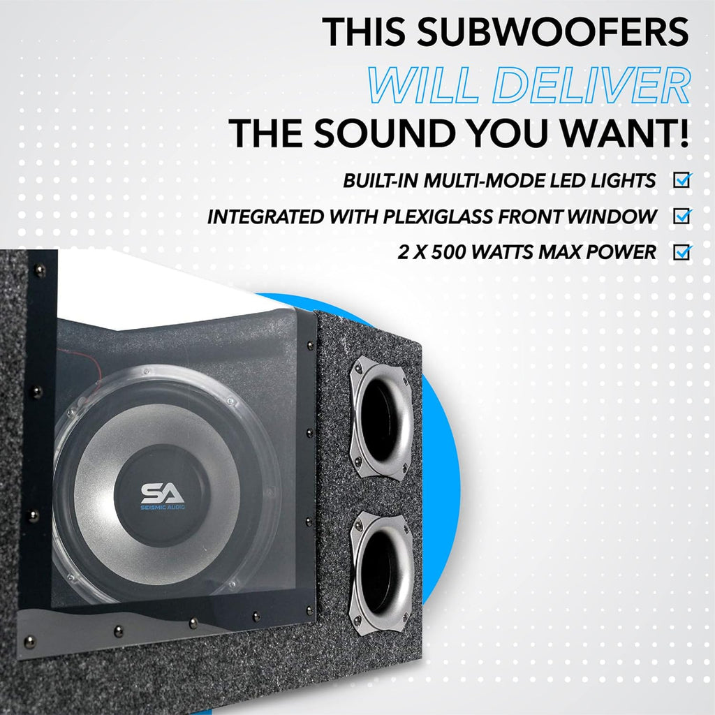 Dual 10 Inch 1000 Watt Car Audio Subwoofer Box with LED Lights & Plexiglass Window Q201