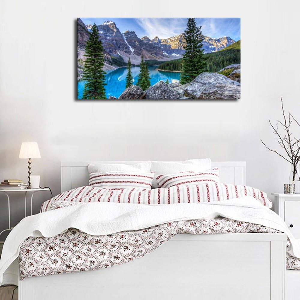 Canvas Wall Art Mountain and Lake Nature Picture Paintings - Long Canvas Artwork Moraine Lake Panoramic Contemporary Art 20 x 40 D483