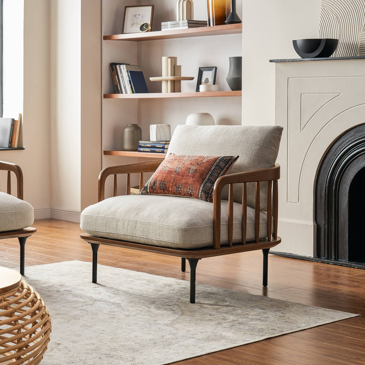 Beige Armchair with Slatted Bentwood Frame E712
