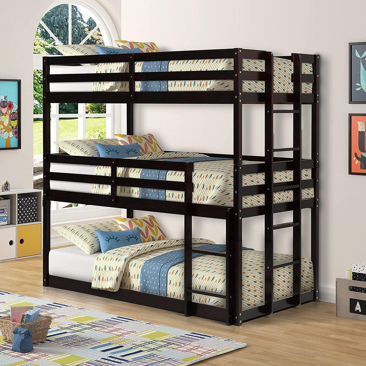 Twin-Over-Twin Solid Pine Wood Bunk Bed with Trundle and 4 Storage Drawers I723