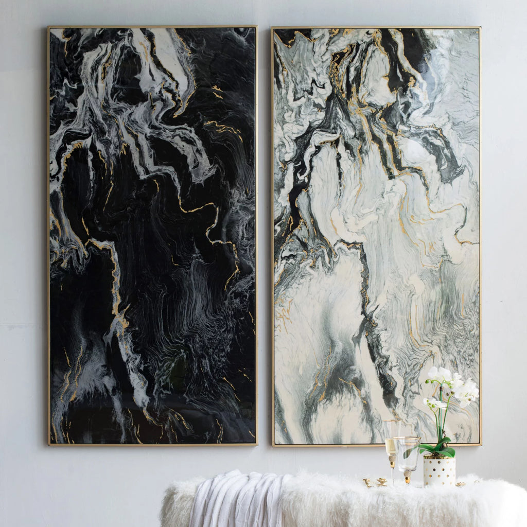 Black and White Marbled Print Wall Art with Gold Frame, Set of 2 G2644