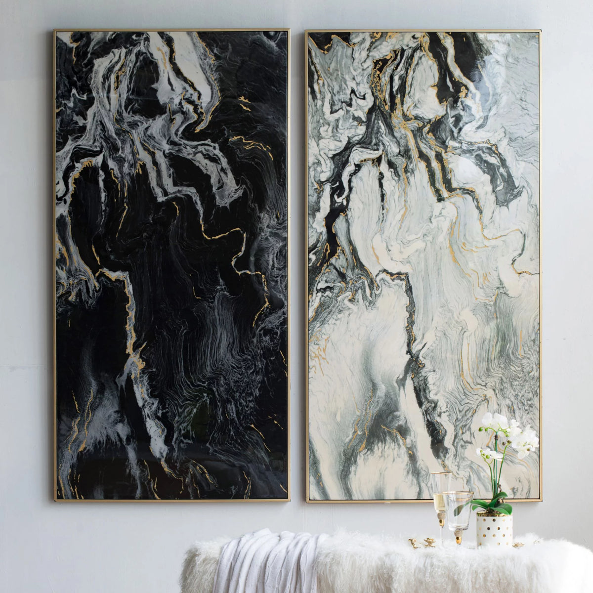 Black and White Marbled Print Wall Art with Gold Frame, Set of 2 G2644