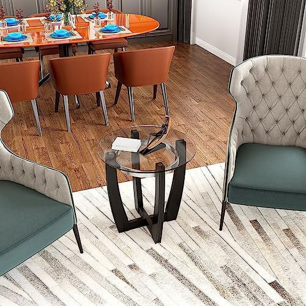 Round Glass End Table 26" Solid Wood Side Table with Tempered Glass Tabletop R92736