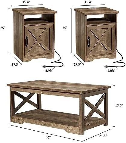 3-Piece Farmhouse Table Set with Charging Station and USB Ports F36625