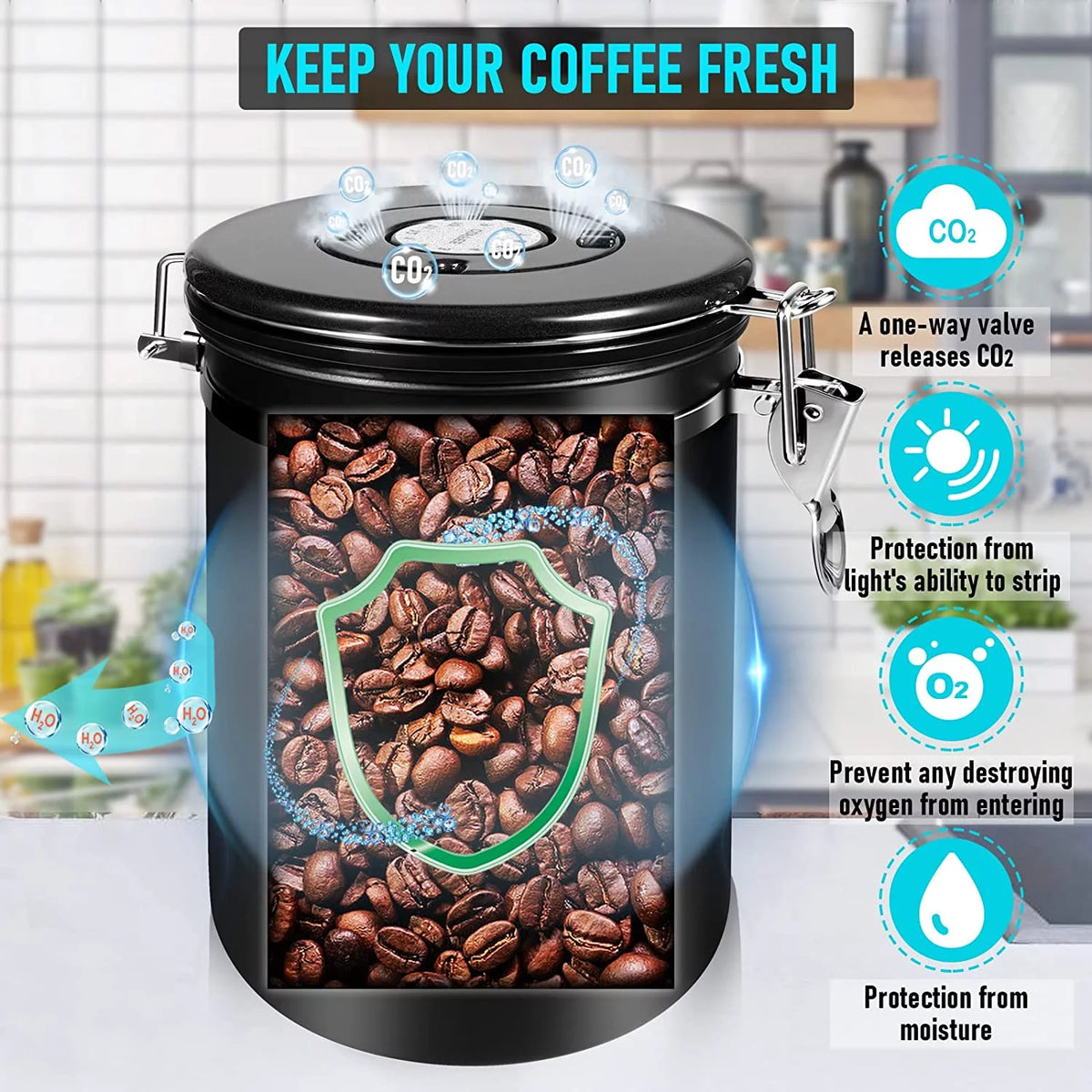 Black 35OZ Airtight Coffee Container with Scoop U9958