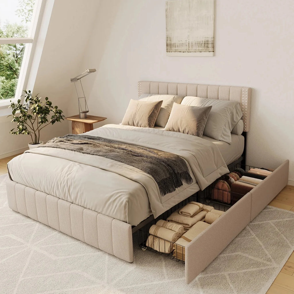 Full Light Grey Bed Frame with 4 Storage Drawers E46650