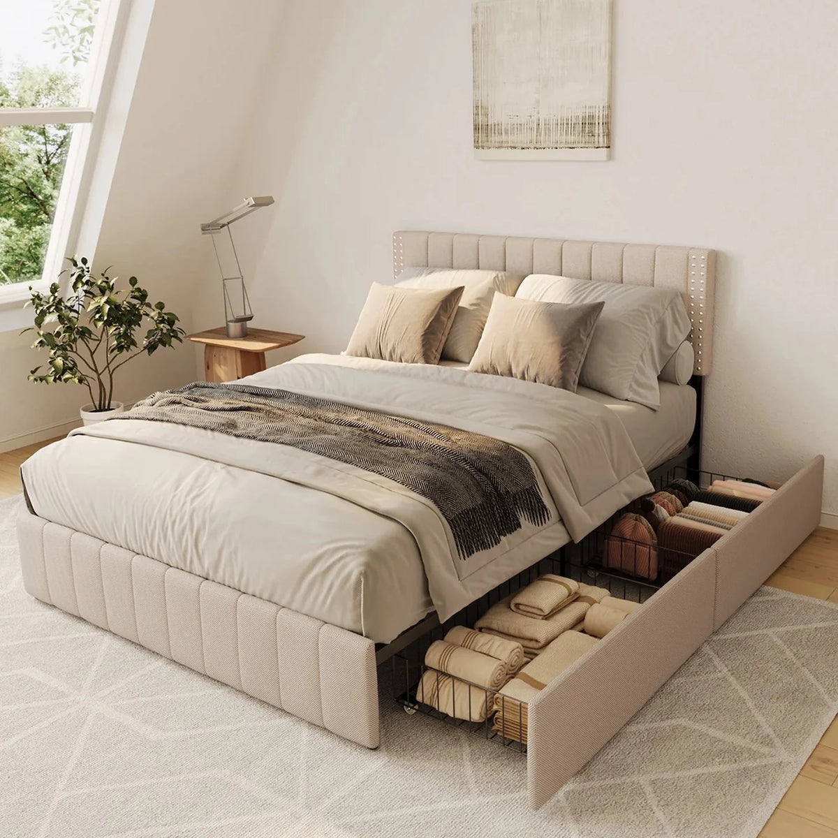 Full Light Grey Bed Frame with 4 Storage Drawers E46650