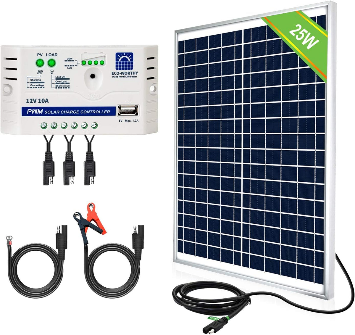 25 Watts 12V Solar Panel SAE Connector Kit with Charge Controller J6664