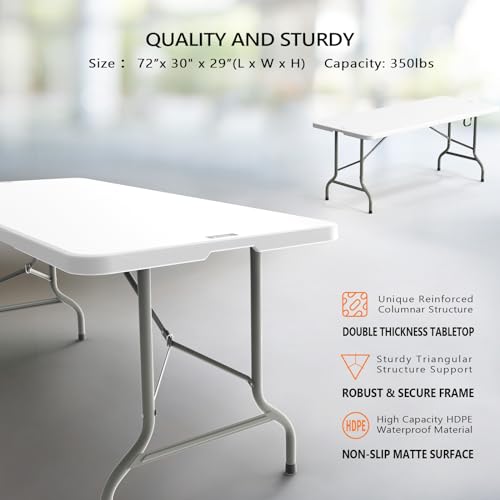 6 Foot White Plastic Folding Table with Carrying Handle O147