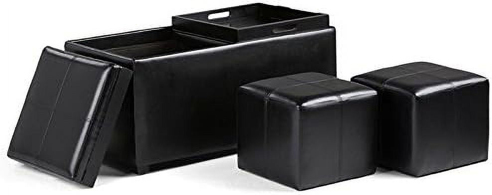 Black Faux Leather 5 Piece Ottoman Coffee Table with 2 Serving Trays Y819983