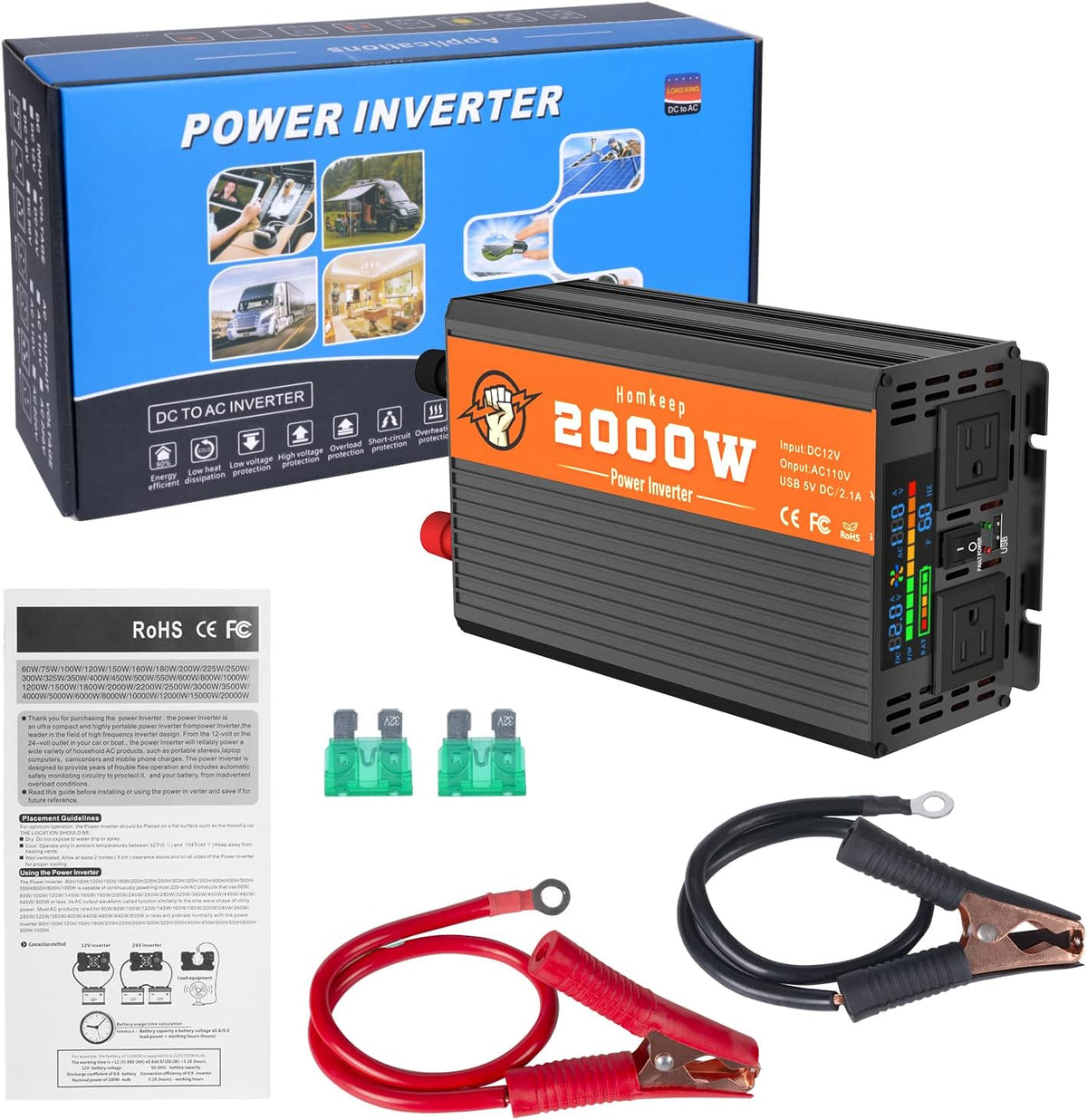 2000 Watts 12V to 110V Modified Sine Wave Power Inverter with Dual AC Outlets and USB Port W669961