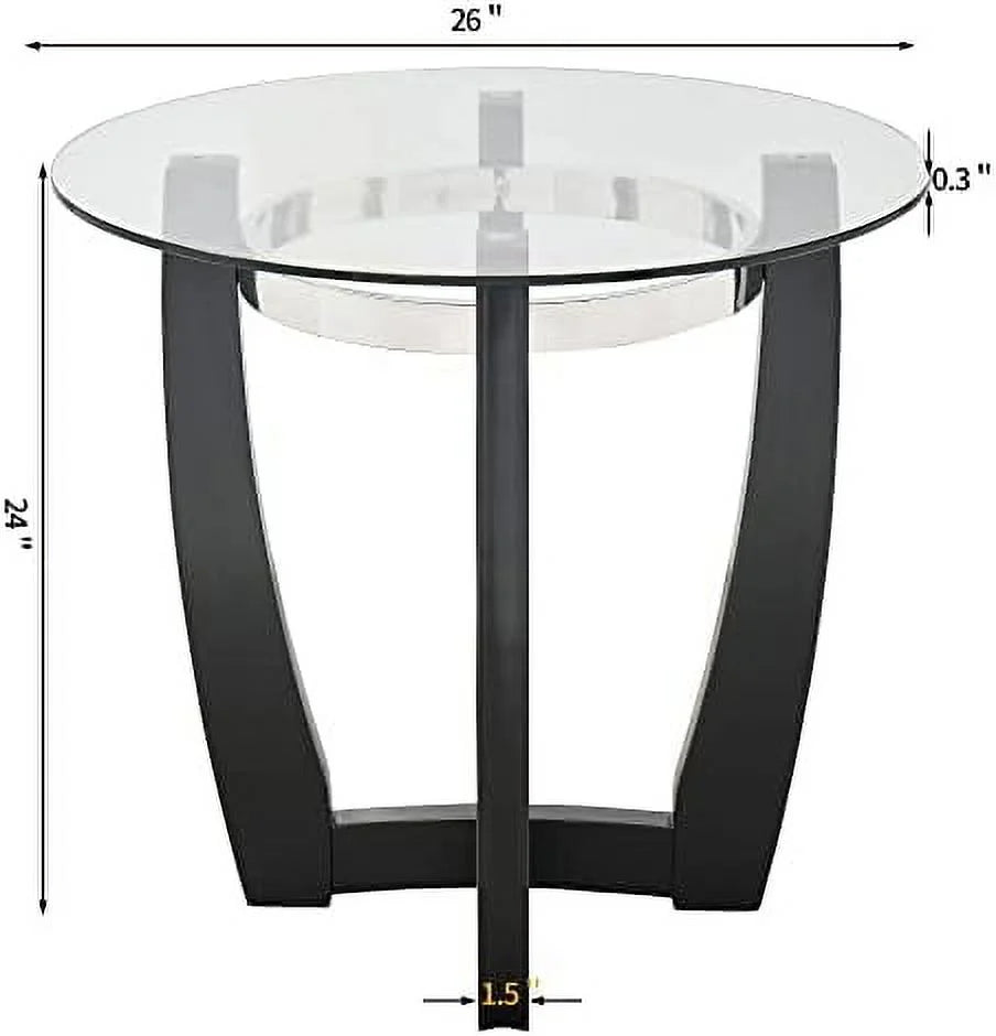 Round Glass End Table 26" Solid Wood Side Table with Tempered Glass Tabletop R92736