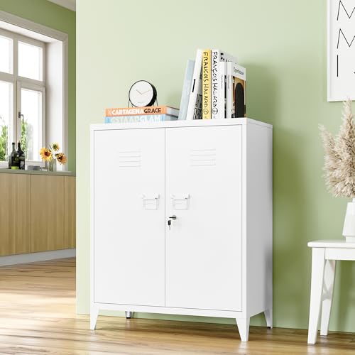 White 5 Tier Metal Storage Cabinet with 2 Doors and 4 Adjustable Shelves X992150