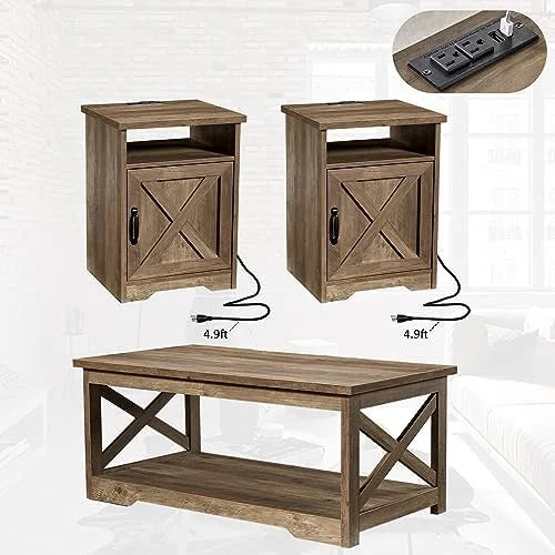 3-Piece Farmhouse Table Set with Charging Station and USB Ports F36625