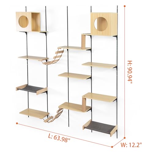25-Piece Wall-Mounted Cat Climber Set with Cat Shelves, House, Platform, Bridge, Hammock & Scratching Board (Burlywood) C56439