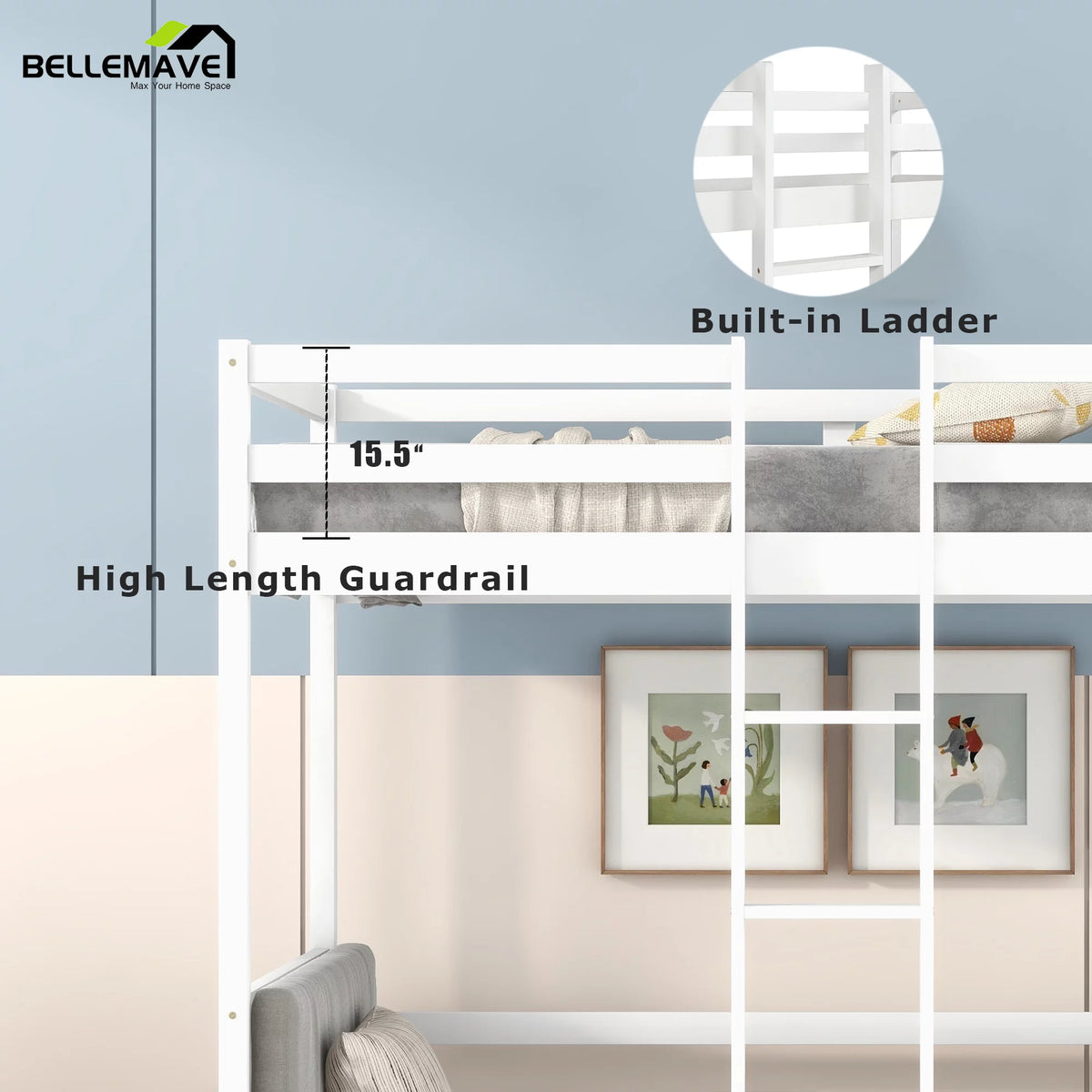Twin Size Loft Bed with Desk, Seat and Two Storage Drawer, White K777