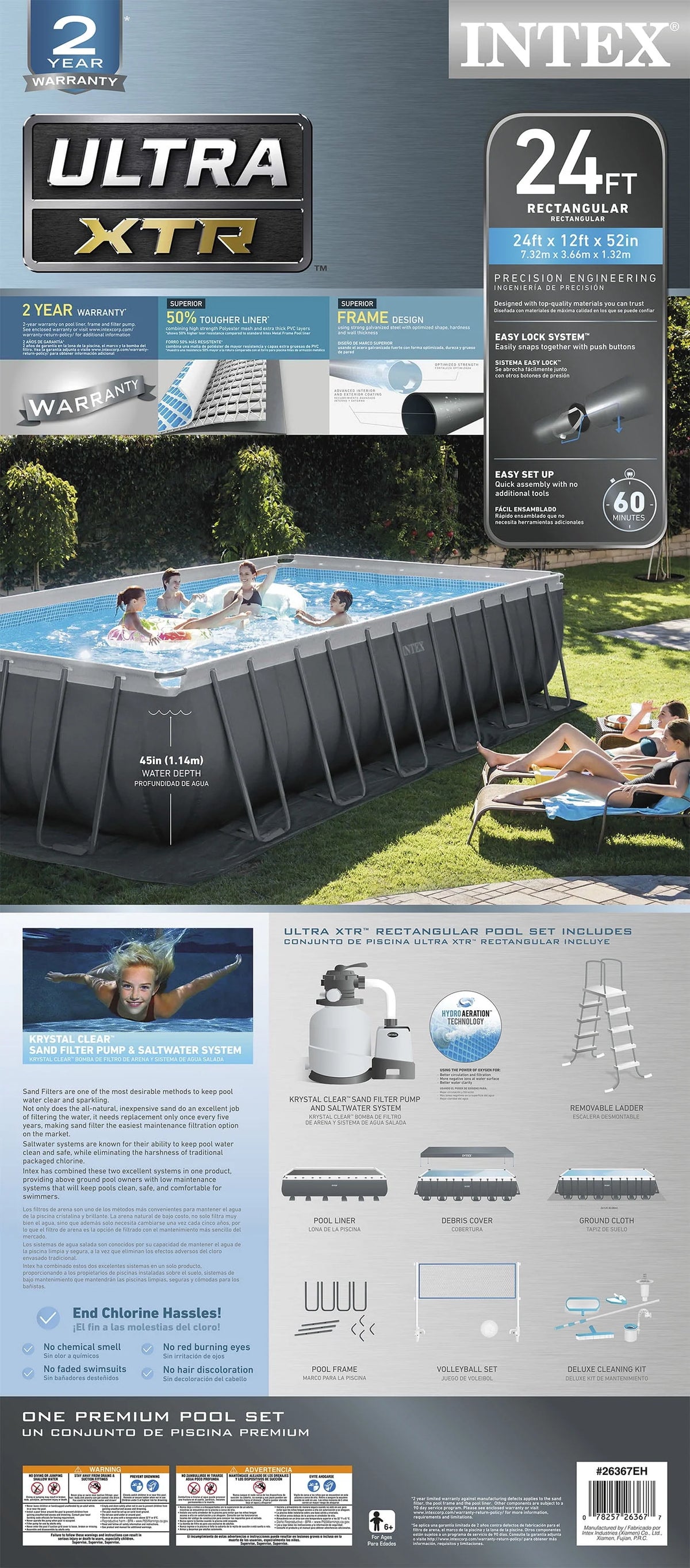 24' x 12' x 52 Rectangular Frame Swimming Pool Set with Pump N101