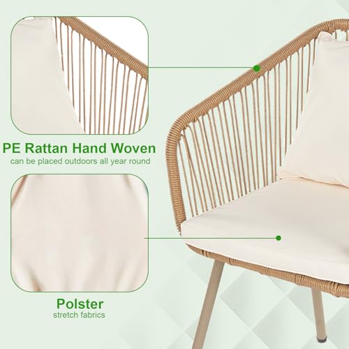 3-Piece Wicker Patio Bistro Set with 2 Chairs Coffee Table Cushions R6278