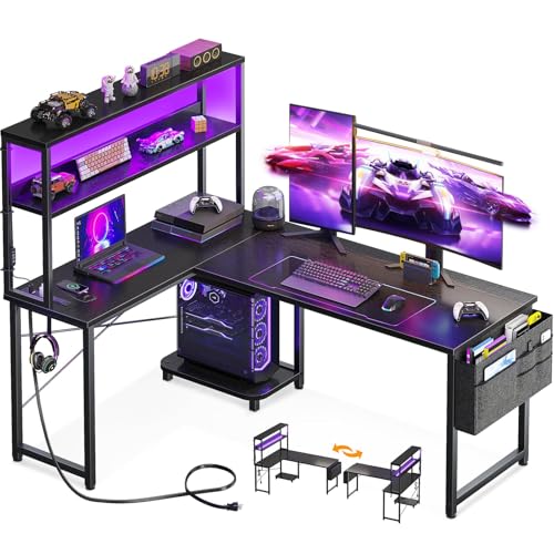 Grey Oak L Shaped Desk with LED Light & Power Outlet T8220