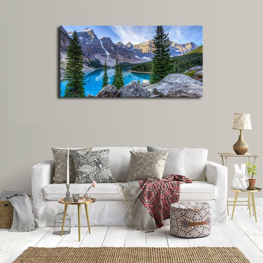 Canvas Wall Art Mountain and Lake Nature Picture Paintings - Long Canvas Artwork Moraine Lake Panoramic Contemporary Art 20 x 40 D483