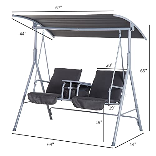 2 Person Porch Swing with Stand, Canopy, Storage Table, Cup Holders, Cushions, Dark Blue R827394