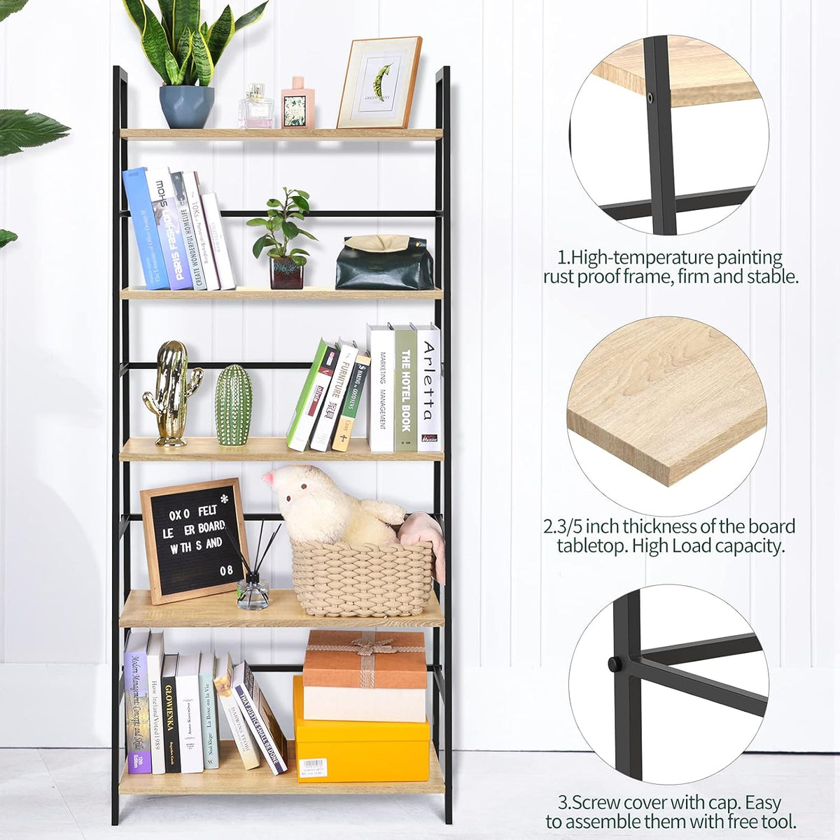 5-Tier Industrial Bookshelf with Metal Frame B4369