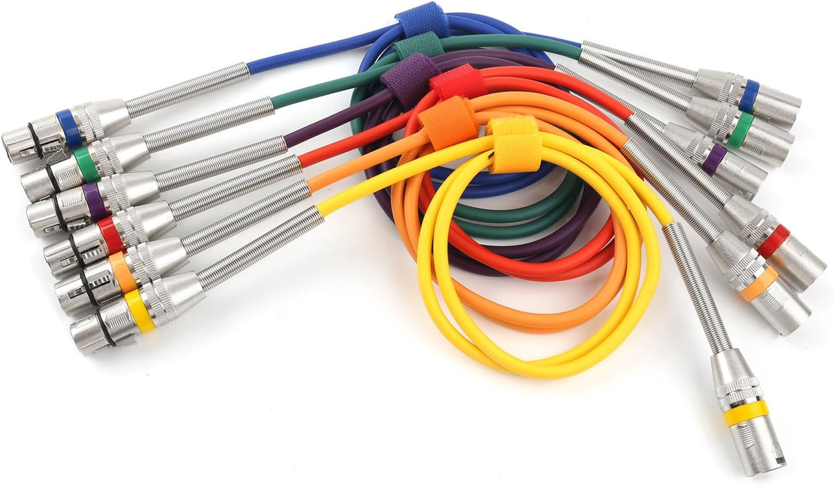 6 Pack Multi-Color 3-Pin XLR Male to Female Microphone Cable, 3.3 feet D181009