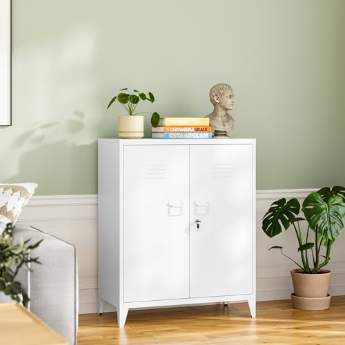 White 5 Tier Metal Storage Cabinet with 2 Doors and 4 Adjustable Shelves X992150
