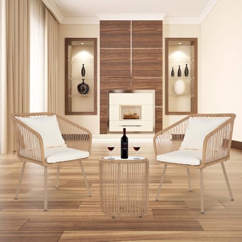 3-Piece Wicker Patio Bistro Set with 2 Chairs Coffee Table Cushions R6278