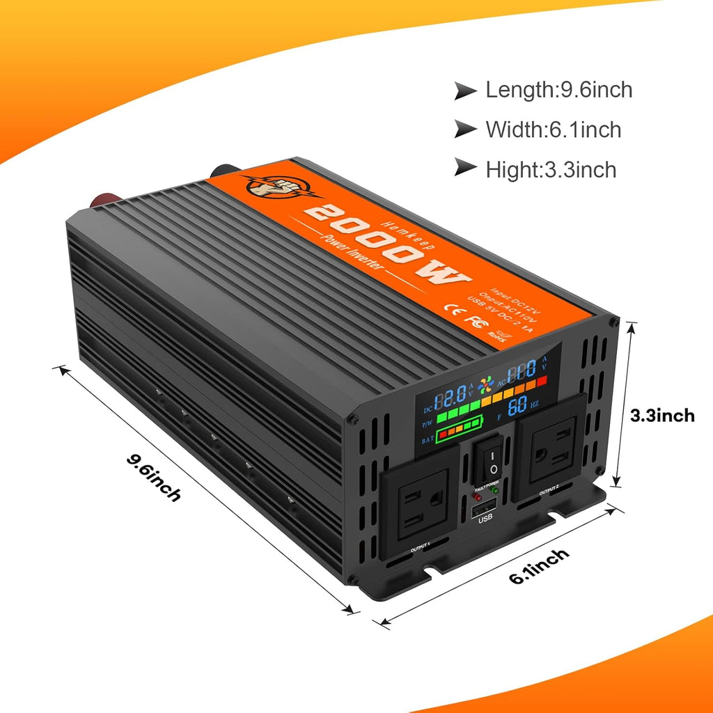 2000 Watts 12V to 110V Modified Sine Wave Power Inverter with Dual AC Outlets and USB Port W669961