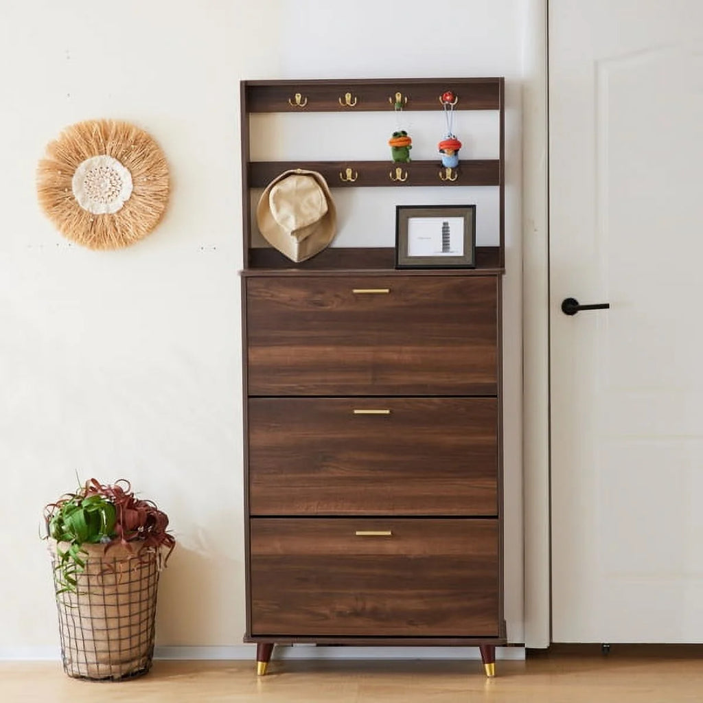 Brown Hall Tree with 12 Hooks & 3 Shoe Cabinets B6919
