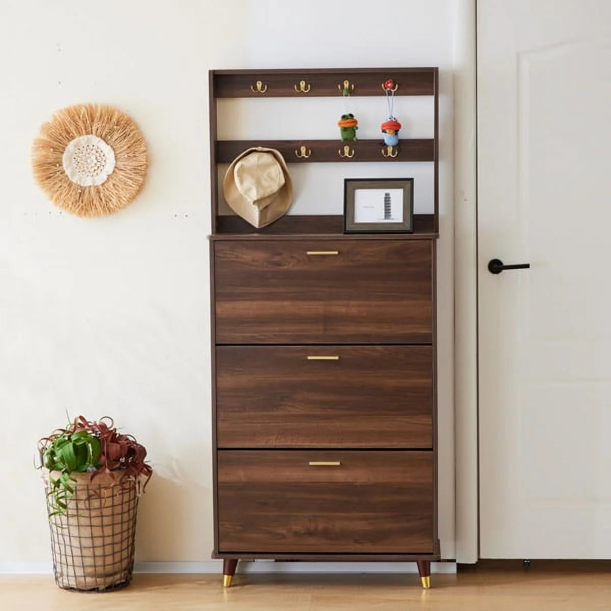 Brown Hall Tree with 12 Hooks & 3 Shoe Cabinets B6919