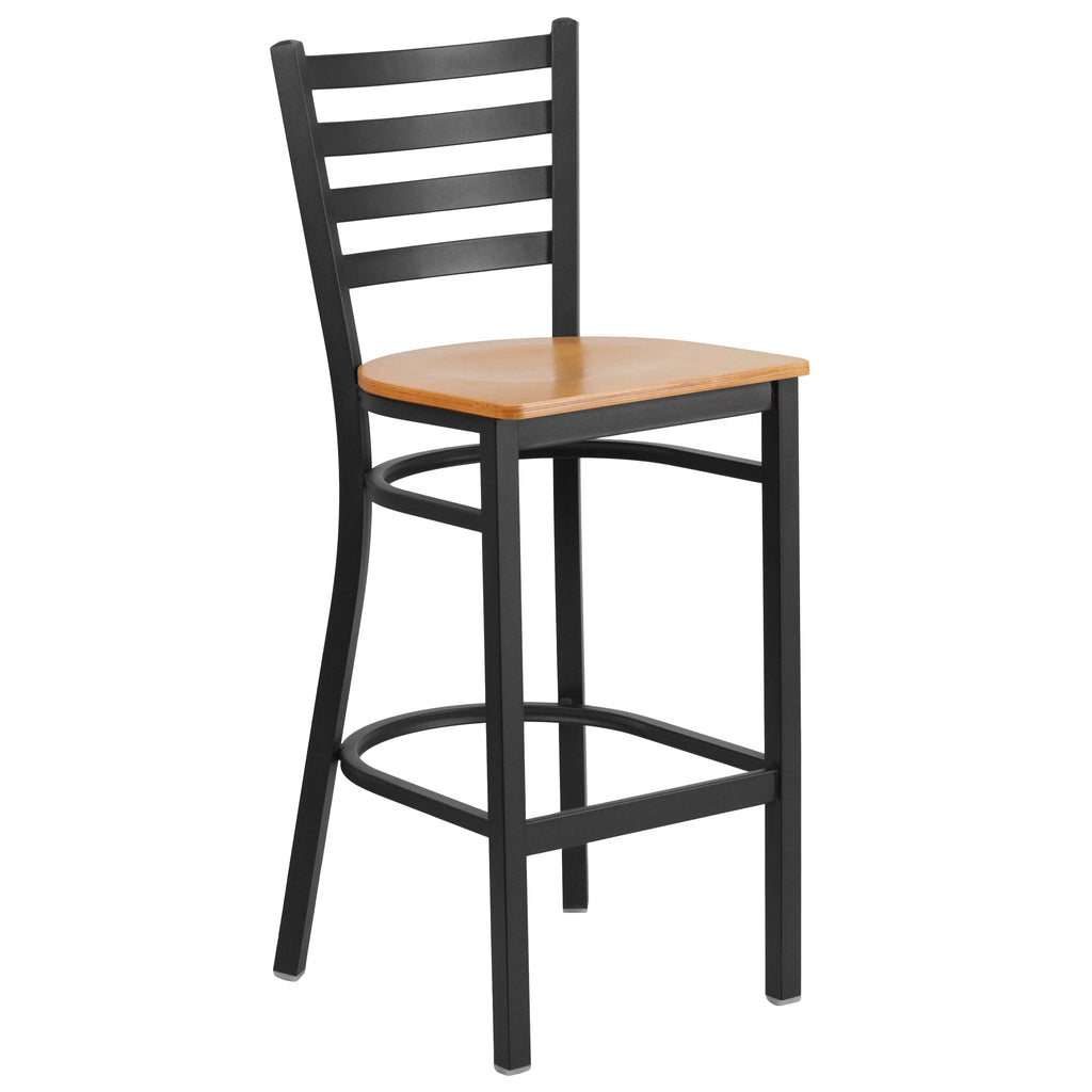 Black Ladder Back Metal Barstool with Natural Wood Seat T443