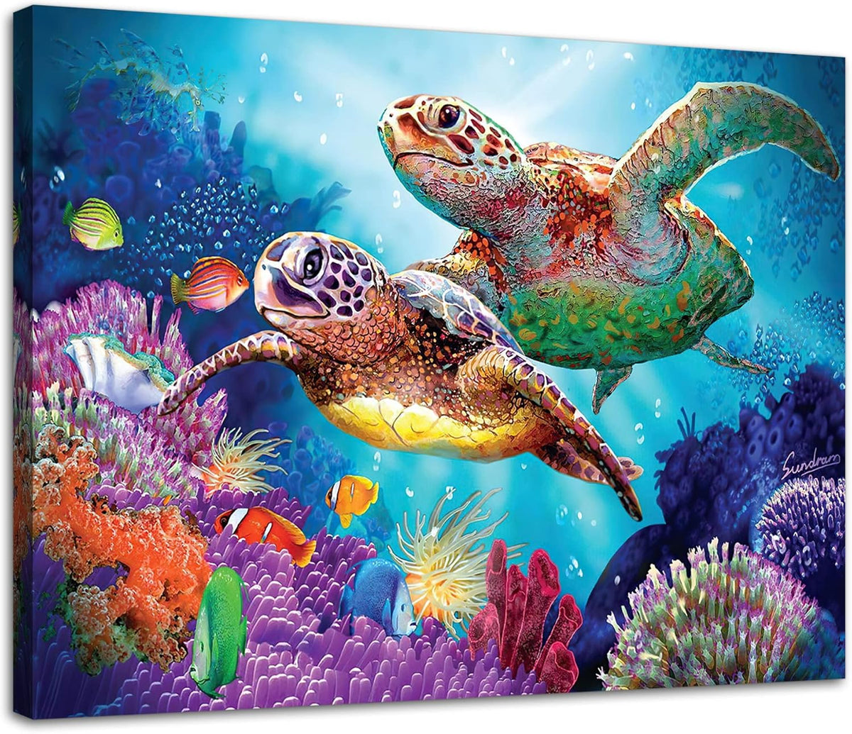 Ocean Canvas Wall Art Sea Turtle with Coral Wood Framed 12x16in S7778