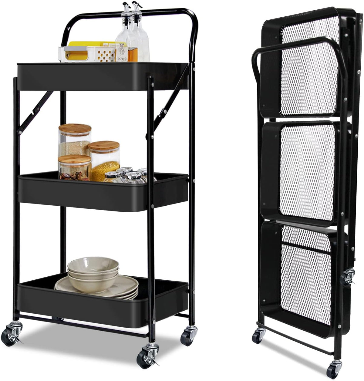 3-Tier Collapsible Rolling Utility Cart with Lockable Casters E999147