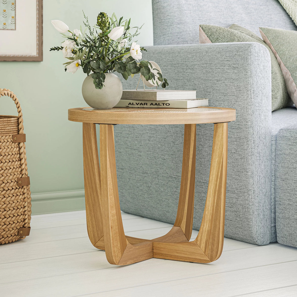 Rattan & Glass Side Table with Solid Wood Frame I3982